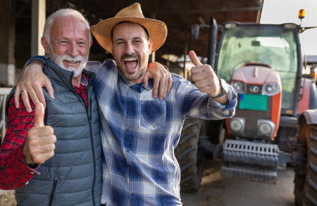 Two excited farmers in hug, father and son, showing thumbs up in front of tractor on cattle ranchの写真素材