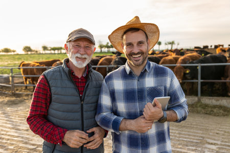 Portrait of two farmers, father and son, in front of cattle on ranchの写真素材
