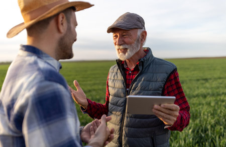 Two smiling farmers standing in green wheat field, using tablet and talking in spring time