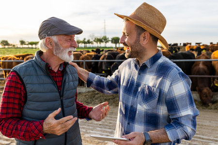 Two farmers standing in front of cattle on ranch, holding tablet and talkingの写真素材