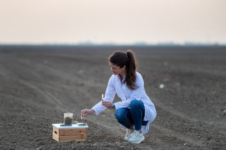Young woman agronomist in white coat testing soil quality in field in spring time