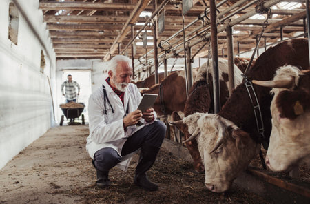 Mature man veterinarian in white coat crouching beside Simmental cattle and holding tablet in stableの写真素材