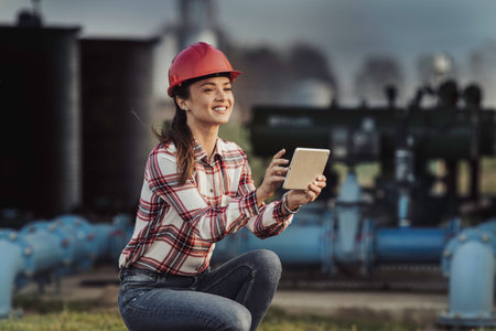 Portrait of pretty young female engineer with helmet using tablet in front of irrigation system plant in agricultural fieldの写真素材