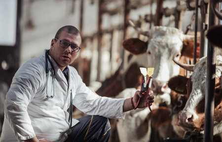 Veterinarian holding pliers for cattle earrings in front of Simmental cows in stableの写真素材