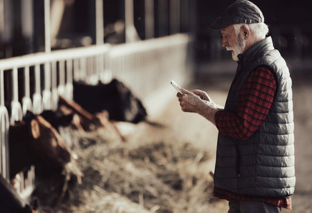 Mature farmer using tablet in front of Red and Black Angus cattle on ranchの写真素材