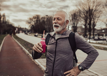 Senior man breathing deeply and resting after jogging, holding fresh juice for refreshment. Healthy lifestyle conceptの写真素材