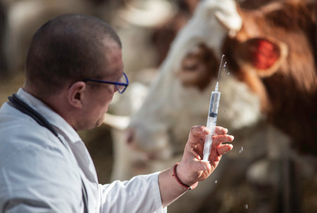Close up of veterinarian hand holding injection for cattle vaccination and health care, in front of cow in stableの写真素材