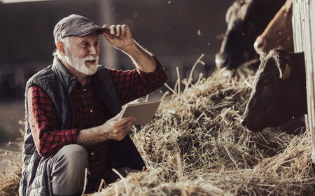 Mature farmer holding tablet in front of Black Angus cattle on dairy ranchの写真素材