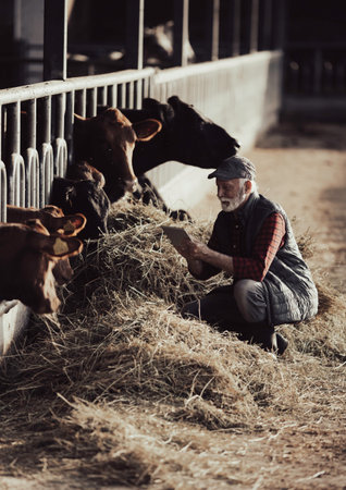 Mature farmer holding tablet in front of cattle on ranchの写真素材
