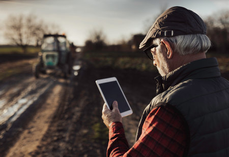 Serious mature farmer looking at tablet in front of tractor in field in autumnの写真素材