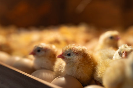 Small cute newborn chicks, just hatched in incubatorの写真素材
