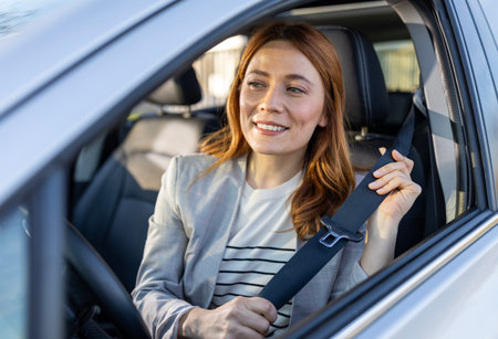 Woman with red hair in business suit smiling as she fastens her seatbelt while seated in car. The...