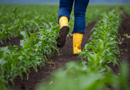Female person walking through a lush cornfield, wearing yellow rubber boots as she navigates the rich brown soil between rows of healthy green plantsの写真素材