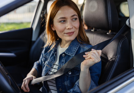 Woman with red hair smiling as she fastens her seatbelt while seated in car. The interior is modern...