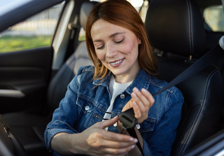 Woman with red hair smiling as she fastens her seatbelt while seated in car. The interior is modern...
