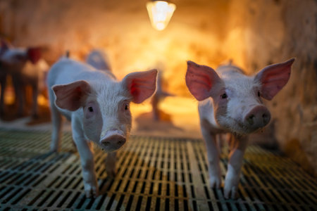 A group of piglets is nestled together in barn, enjoying heat from lamp. Soft lighting highlights their adorable features.の写真素材