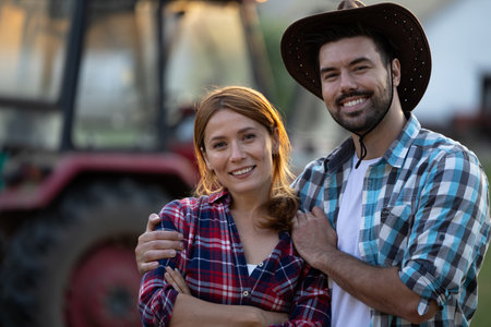 Joyful couple stands close together on farm, with tractor in background. Man and woman looking at...