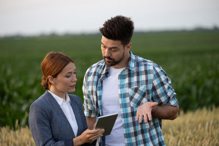 Farmer and businesswoman standing in a field using digital tablet while having serious discussion