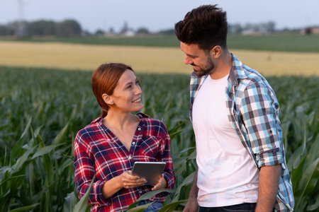 A man and woman stand in a golden wheat field during sunset, engaged with a tablet and sharing a...