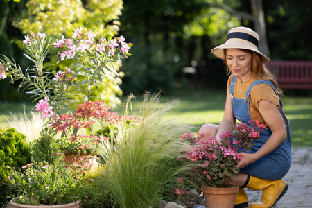 Beautiful young woman in sunhat crouching while taking care of flowers and plants in residential...