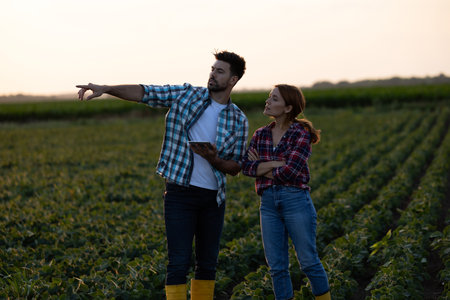 Male and female farmers discussing harvesting of crops when standing on field, the man pointing into...