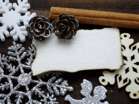 Ornaments on wooden tableの写真素材