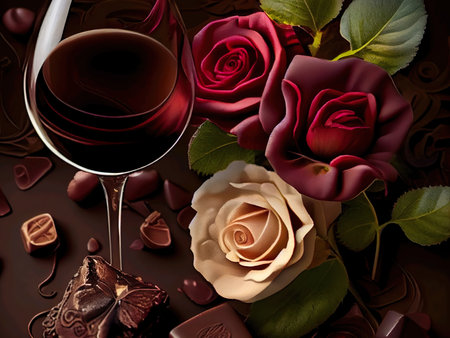 Romantic still life with a bottle of red wine, chocolate hearts and rosesの写真素材