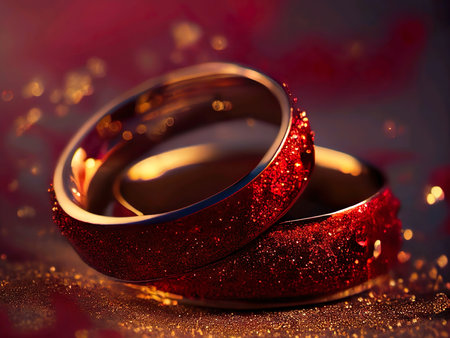 Wedding ring on the red background with bokeh effectの写真素材