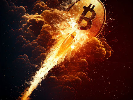 Crypto Rocket launch spaceship to the moon, bitcoin finance wallpaperの写真素材