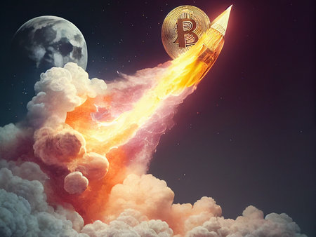 Crypto Rocket launch spaceship to the moon, bitcoin finance wallpaperの写真素材