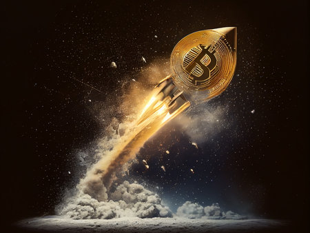 Crypto Rocket launch spaceship to the moon, bitcoin finance wallpaperの写真素材