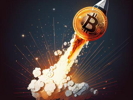 Crypto Rocket launch spaceship to the moon, bitcoin finance wallpaperの写真素材