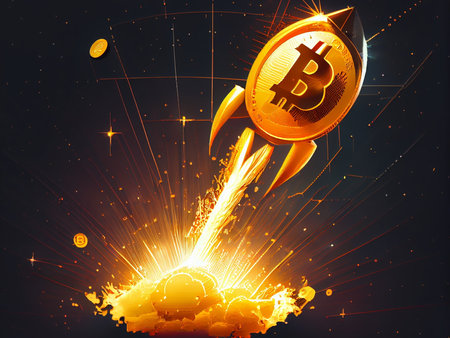 Crypto Rocket launch spaceship to the moon, bitcoin finance wallpaperの写真素材