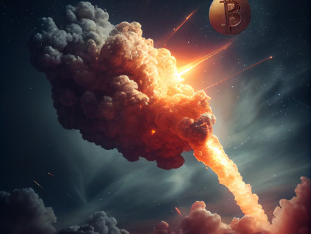Crypto Rocket launch spaceship to the moon, bitcoin finance wallpaperの写真素材