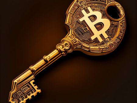 Bitcoin crypto currency lock tresor bank , safe wallpaper , golden background Ai generativeの写真素材
