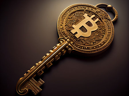Bitcoin crypto currency lock tresor bank , safe wallpaper , golden background Ai generativeの写真素材