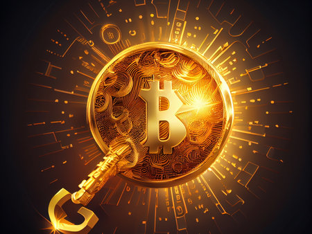 Bitcoin crypto currency lock tresor bank , safe wallpaper , golden background Ai generativeの写真素材