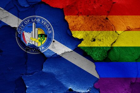 flags of Las Vegas and LGBT painted on cracked wallの写真素材