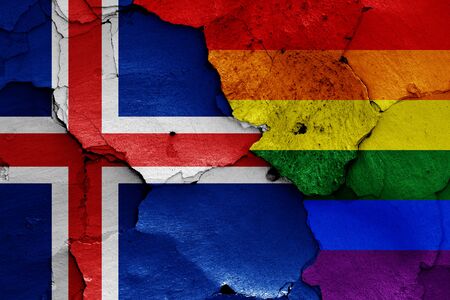 flags of Iceland and LGBT painted on cracked wallの写真素材