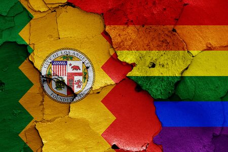 flags of Los Angeles and LGBT painted on cracked wallの写真素材