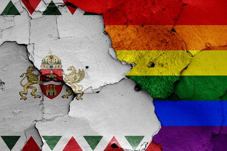 flags of Budapest and LGBT painted on cracked wallの写真素材