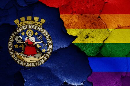 flags of Oslo and LGBT painted on cracked wallの写真素材