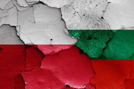 flags of Poland and Bulgaria painted on cracked wallの写真素材