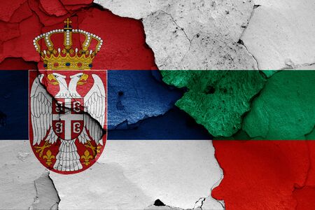 flags of Serbia and Bulgaria painted on cracked wallの写真素材