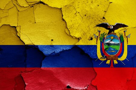 flags of Colombia and Ecuador painted on cracked wallの写真素材