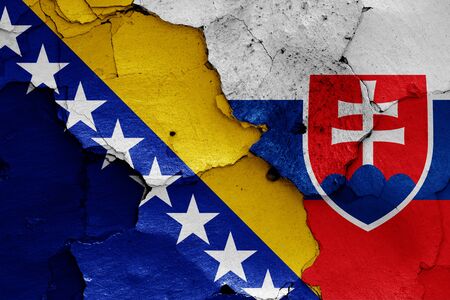 flags of Bosnia and Herzegovina and Slovakia painted on cracked wallの写真素材