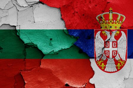 flags of Bulgaria and Serbia painted on cracked wallの写真素材