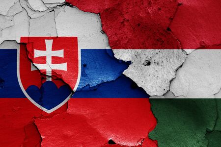 flags of Slovakia and Hungary painted on cracked wallの写真素材