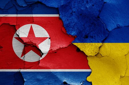 flags of North Korea and Ukraine painted on cracked wallの写真素材