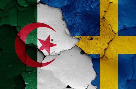 flags of Algeria and Sweden painted on cracked wallの写真素材